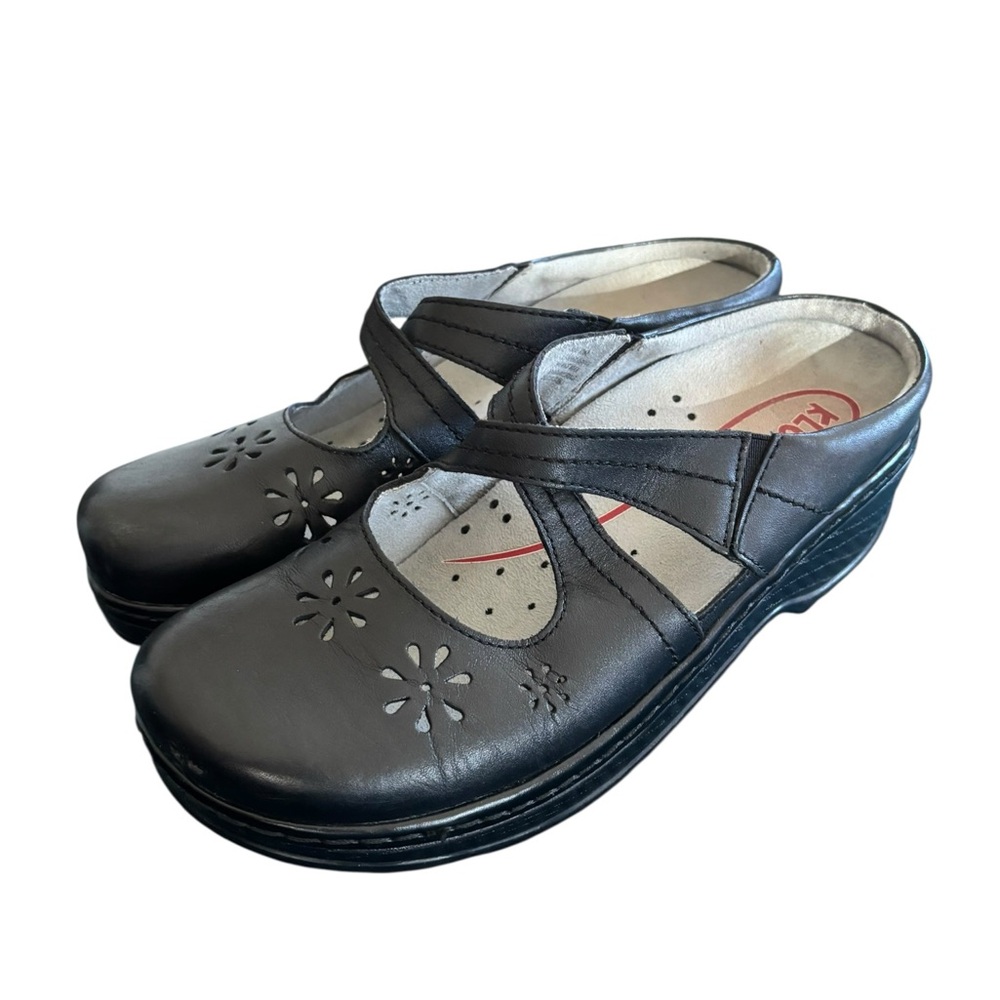 KLOGS Carolina Mary Jane Shoes Black Size 10M Slip-On Laser Toe Clog Leather